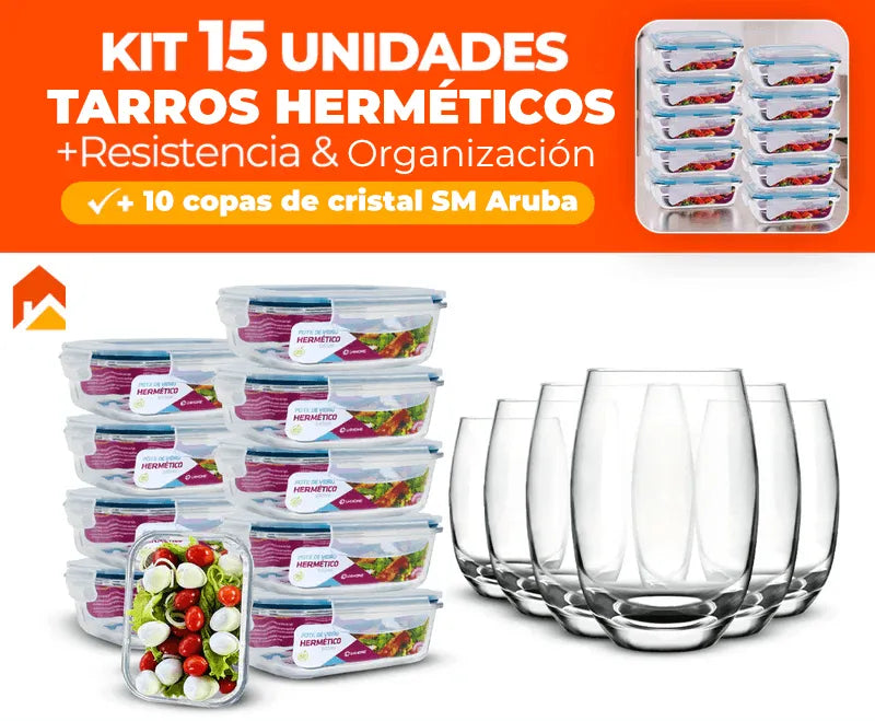 Kit con 15 Botes de Vidrio Herméticos + 10 Vasos de Regalo de Vidrio Aruba