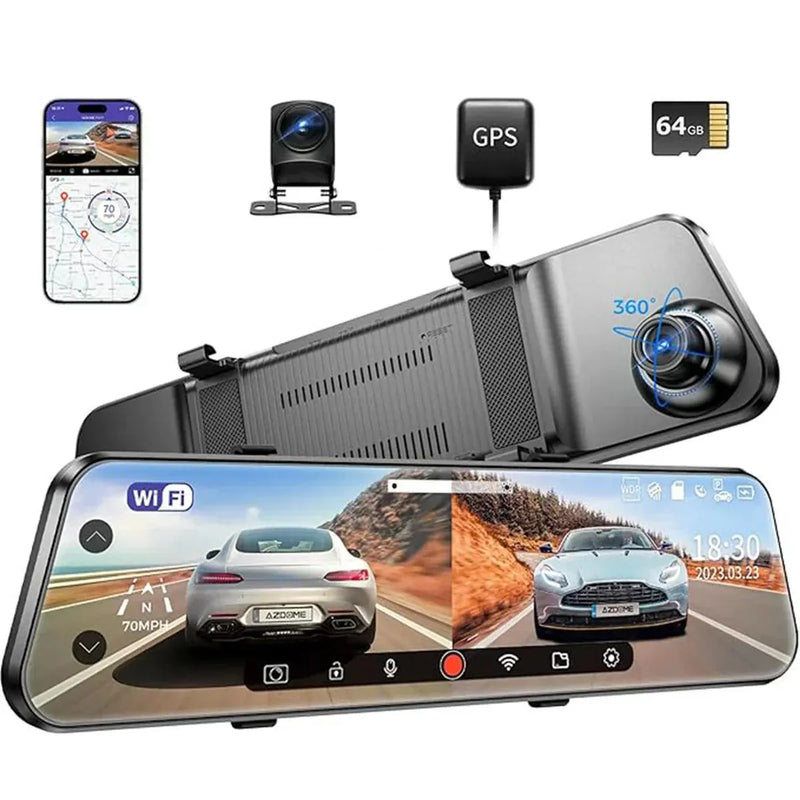 Espejo Retrovisor Azdome PG17 4K con Dual Cam, GPS, Visión Nocturna y Pantalla Táctil de 11,8"